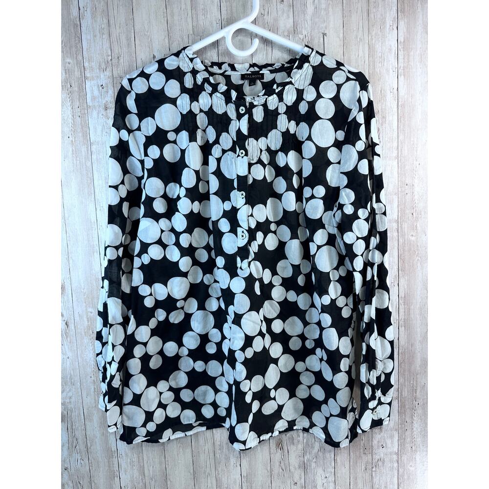 Talbots Blouse Womens L Black White Semi‎ Sheer Ruffle Neck Lightweight Pullover